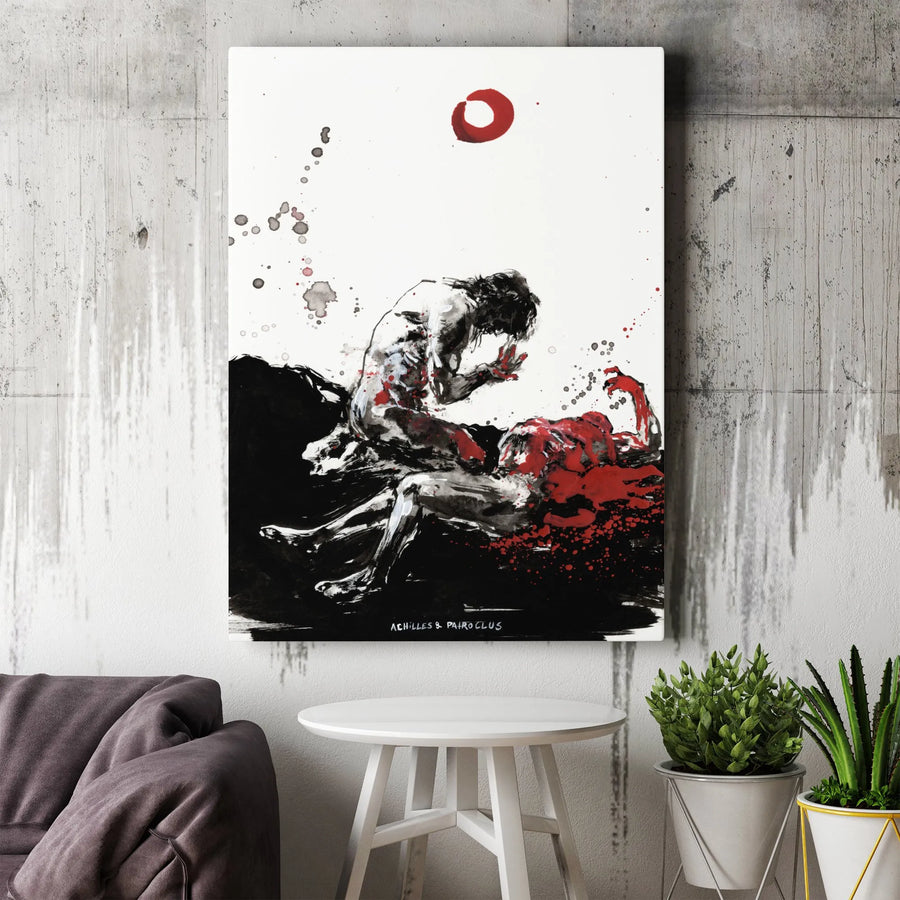 Achilles and Patroclus Wall Art | Greek Mythology Ink Wash Canvas | Premium Gallery Wrapped Print | Classical Literature Home Decor Gift