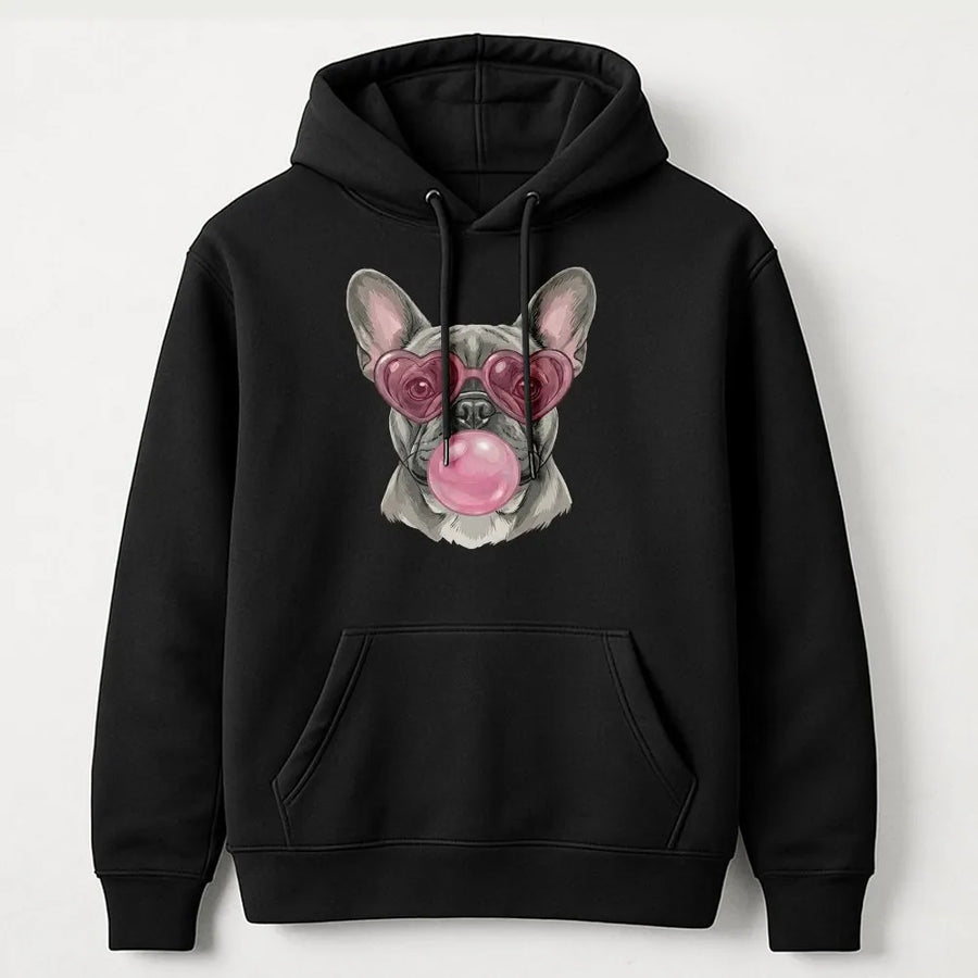 French Bulldog Hoodie | Cute Frenchie With Heart Sunglasses & Bubble Gum Graphic | Premium Cotton Blend | Unisex Gift for Dog Lovers