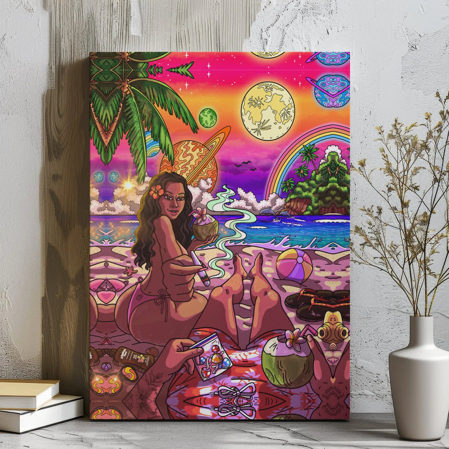 Psychedelic Beach Canvas Art | Trippy Stoner Aesthetic Decor | Gallery Wrap Premium Print | Unique Gift for Cannabis Enthusiasts