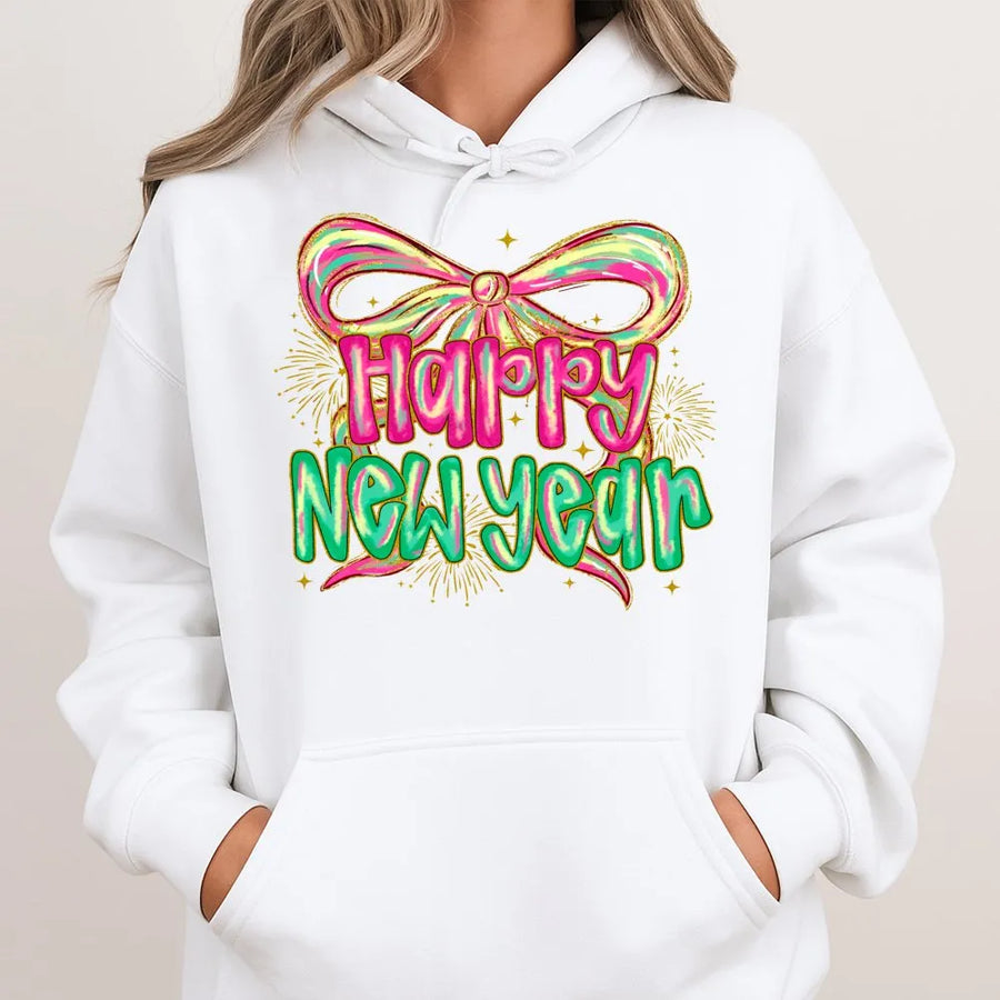 Happy New Year Hoodie | Neon Bow and Fireworks Graphic | Premium Cotton Blend | Festive Holiday Party Outfit for Women and Men