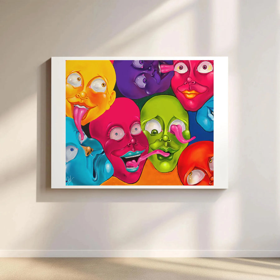 Psychedelic Abstract Face Canvas Art | Vibrant Surreal Tongue Faces Mural | Premium Gallery-Wrapped Print | Bold Modern Home Decor for Creative Spaces