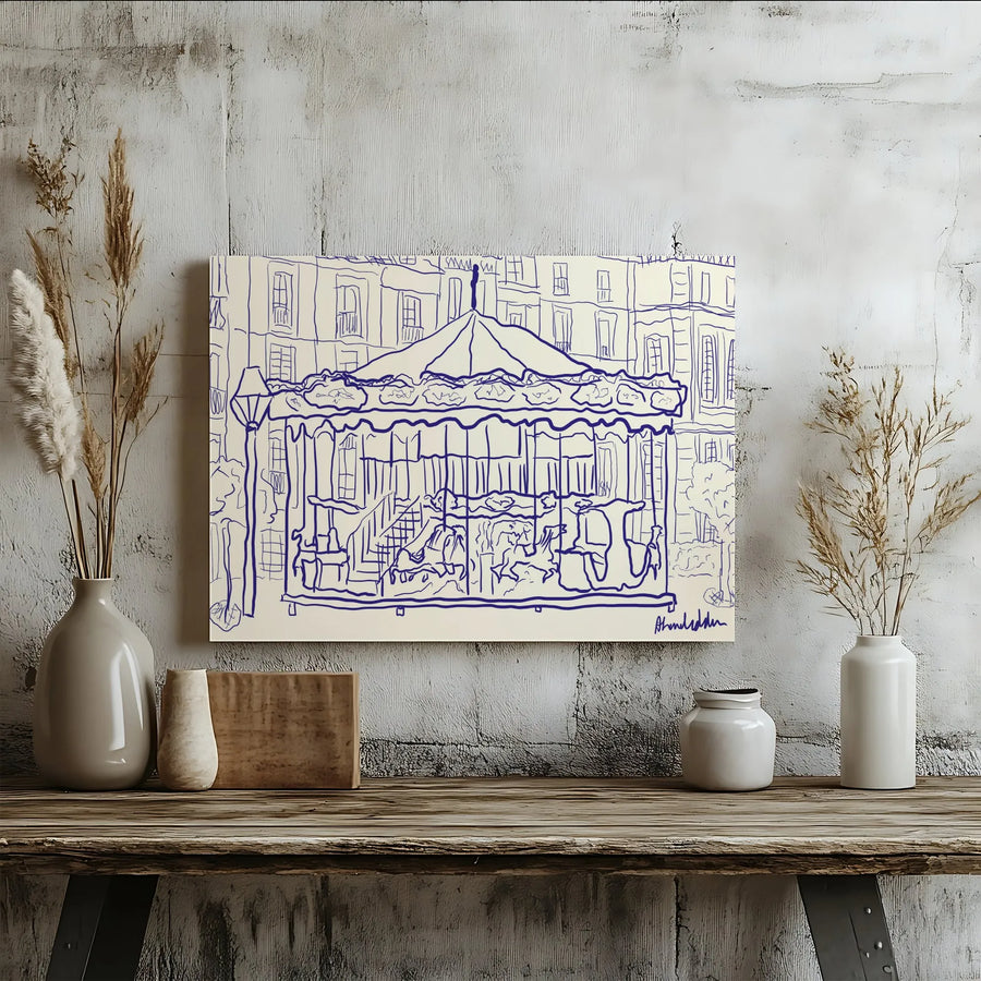 Carousel Line Art Canvas Wall Art | Minimalist Blue and Cream Sketch | Premium 1.25" Thick Gallery Wrap | Modern Home Decor Gift