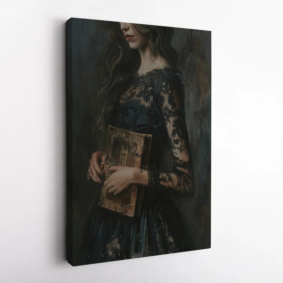 Gothic Woman Canvas Wall Art | Dark Academia Lace Dress Portrait | Premium Gallery Wrap Canvas | Moody Witchy Home Decor Gift