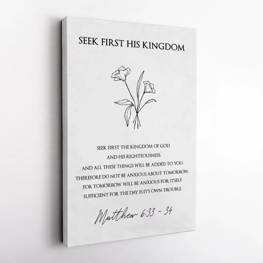 Matthew 6:33-34 Bible Verse Canvas | Seek First His Kingdom Floral Line Art | Premium Gallery Wrap Wall Decor | Christian Home Decor Gift