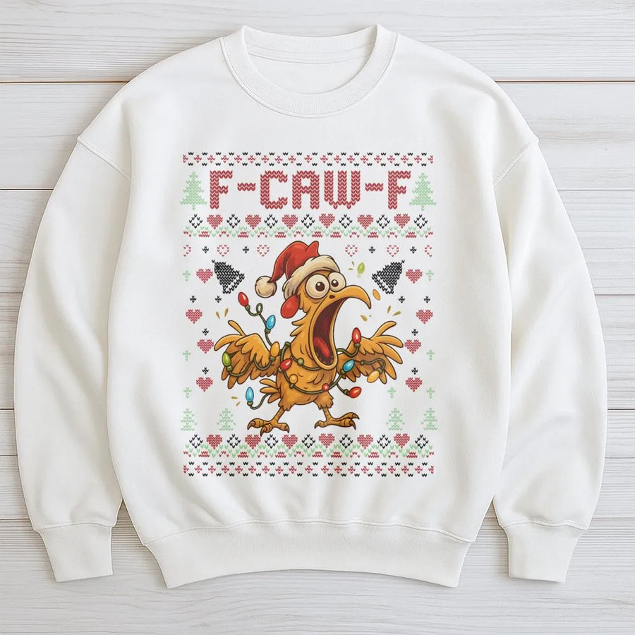 F-Caw-F Ugly Christmas Sweatshirt | Funny Chicken Holiday Graphic | Premium Cotton Blend Crewneck | Hilarious Gift For Poultry Lovers