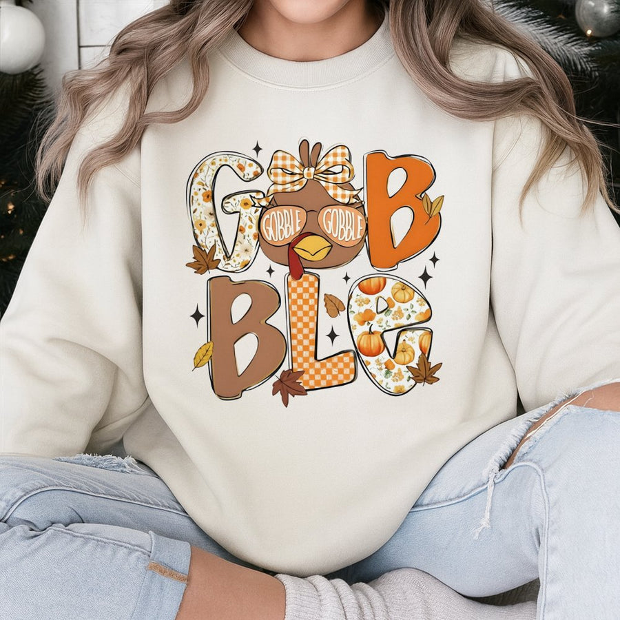 Gobble Gobble Thanksgiving Sweatshirt | Cute Turkey Fall Graphic | Premium Cotton Blend Crewneck | Unisex Holiday Gift for Women Men