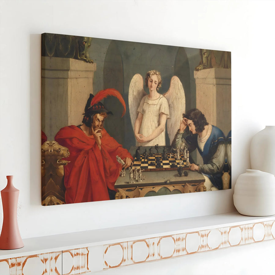 Moritz Retzsch The Chess Players Canvas | Devil and Angel Wall Art | Gallery Wrapped Premium Print | Intellectual Office Decor Gift