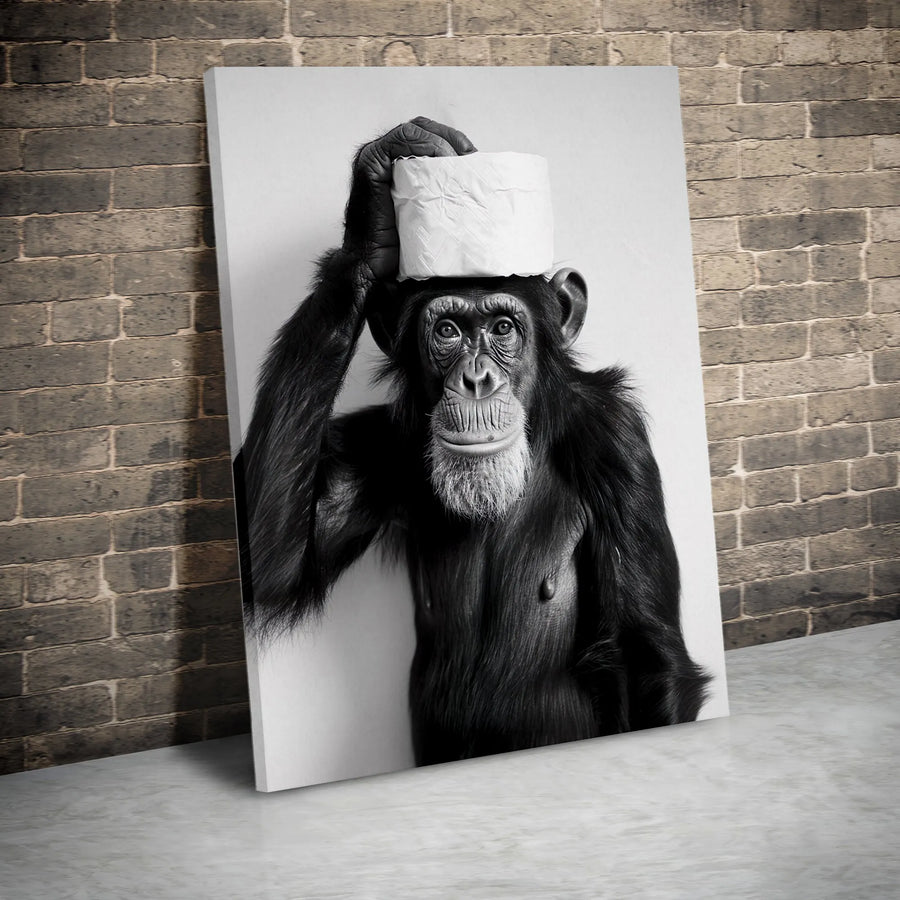 Chimpanzee Toilet Paper Wall Art | Funny Monkey Black and White Portrait | Gallery-Quality 1.25 Inch Canvas | Quirky Bathroom Decor Gift
