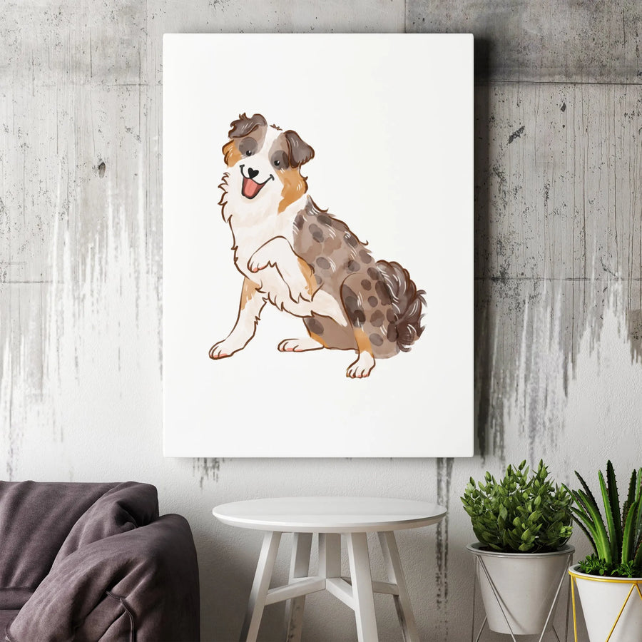 Australian Shepherd Canvas Wall Art | Cute Merle Dog Watercolor Portrait | Premium 1.25" Gallery Wrap | Gift for Aussie Dog Lovers
