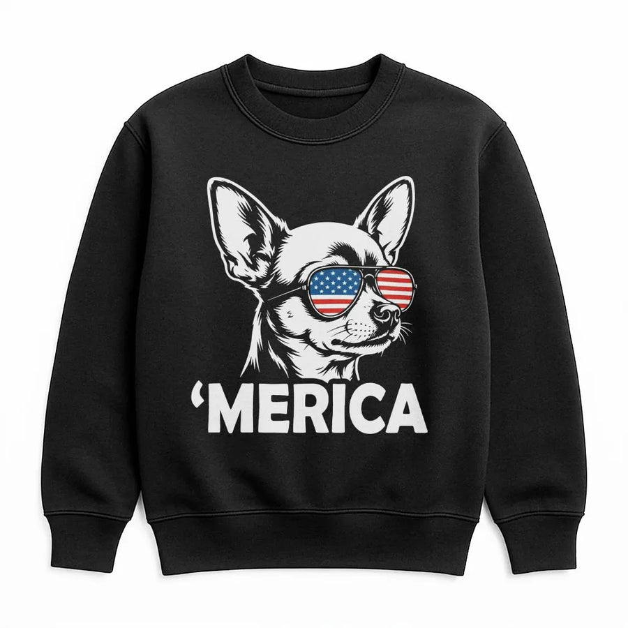 'Merica Dog Sweatshirt | Funny Chihuahua with American Flag Sunglasses | Premium Cotton Blend | Patriotic 4th of July Gift for Dog Lovers