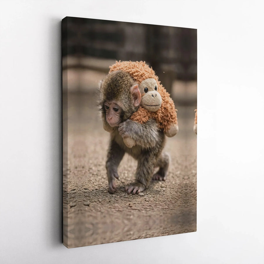 Baby Monkey Canvas Wall Art | Cute Monkey with Stuffed Animal Photo | Premium Gallery Wrapped Canvas | Nursery Decor & Animal Lover Gift