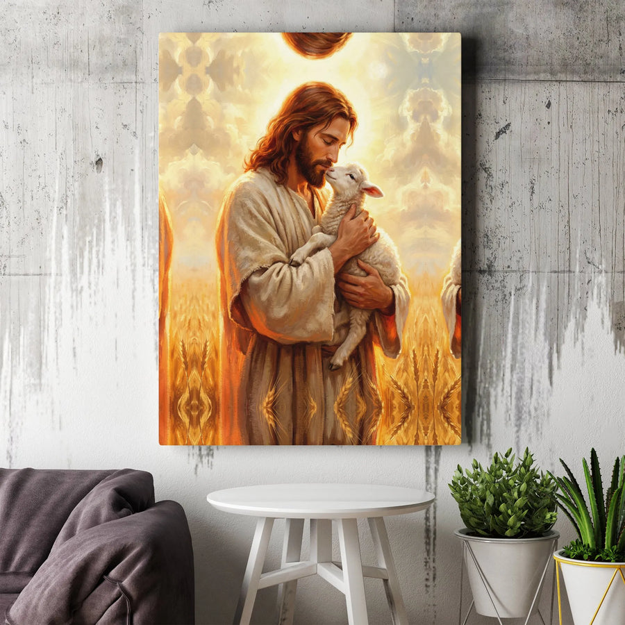 Jesus and Lamb Canvas Wall Art | Good Shepherd Christian Painting | Premium Frameless Print | Spiritual Home Decor Gift