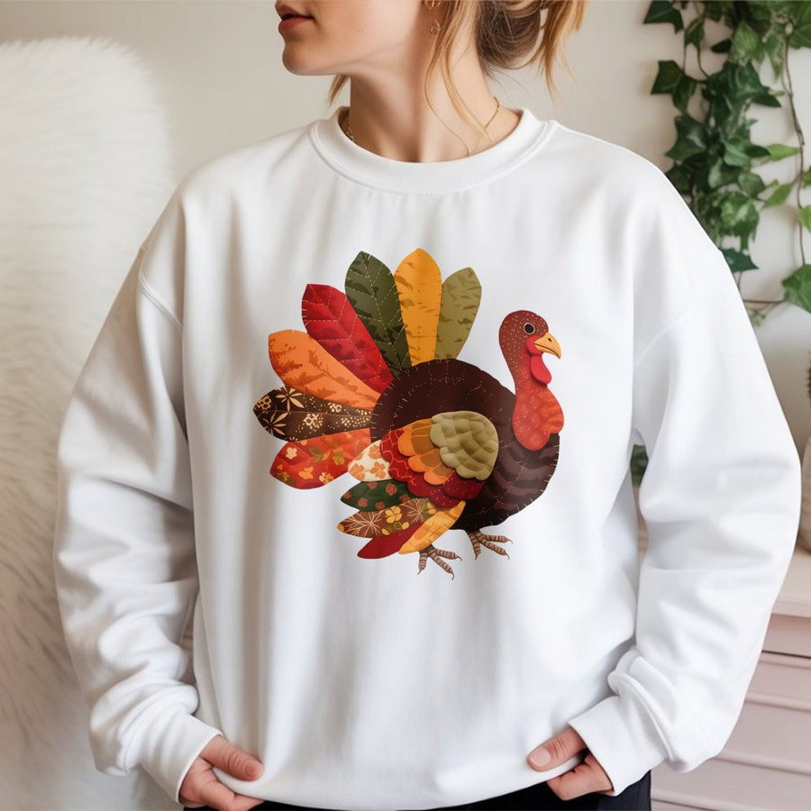 Patchwork Turkey Thanksgiving Sweatshirt | Boho Fall Leaf Pattern Graphic | Premium Cotton Blend Unisex Crewneck | Cute Autumn Holiday Gift for Her