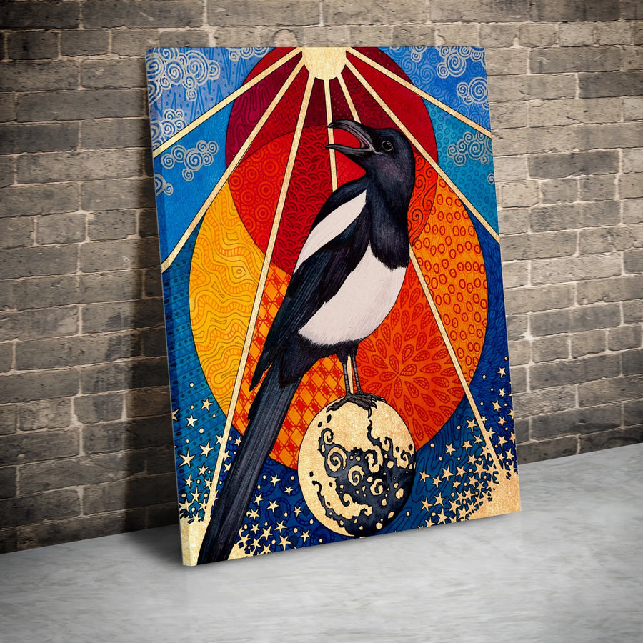 Celestial Magpie Wall Art | Mystical Bird with Sunburst and Moon Print | Gallery Quality 1.25-Inch Thick Canvas | Unique Home Decor Gift