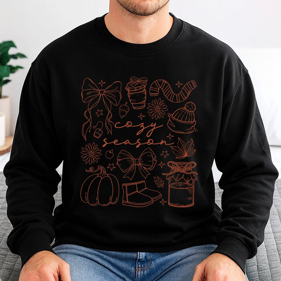 Cozy Season Sweatshirt | Fall Pumpkin and Autumn Vibes Graphic | Premium Cotton Blend | Gift for Her and Fall Enthusiasts