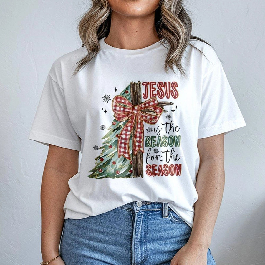 Jesus Is The Reason For The Season T-Shirt | Retro Christmas Plaid Bow Design | Premium 100% Cotton | Religious Holiday Gift For Christian Family