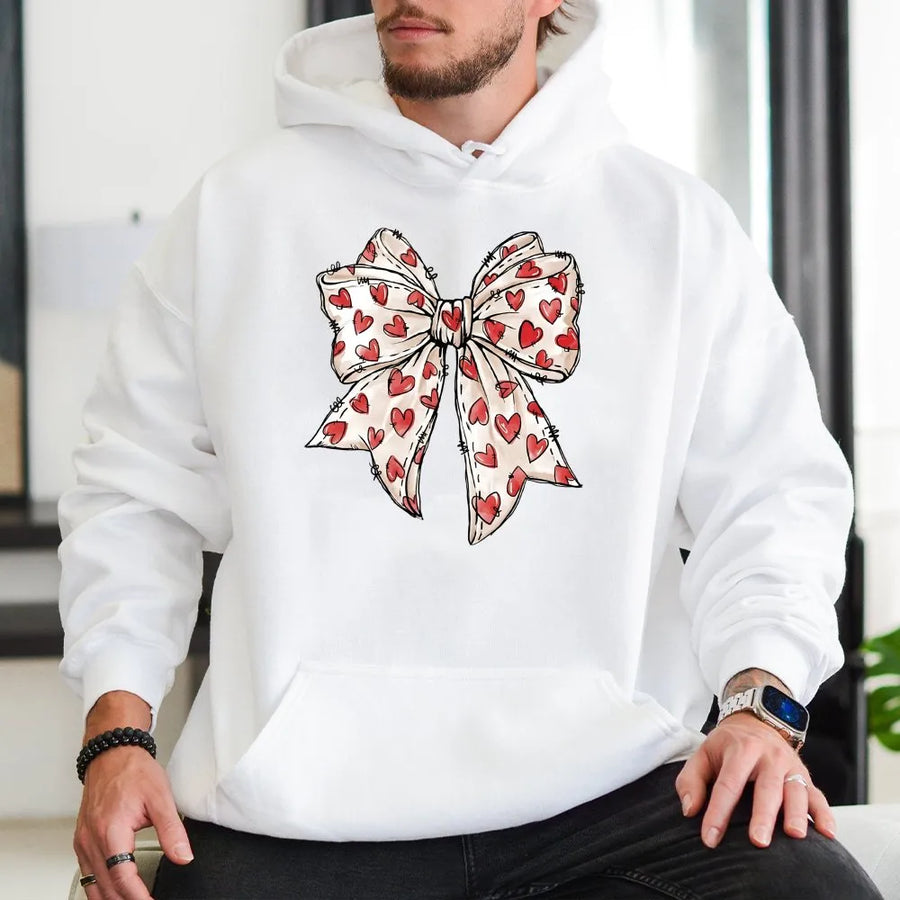 Heart Bow Hoodie | Aesthetic Coquette Ribbon Graphic | Premium Cotton Blend Pullover | Cute Valentines Day Gift for Her Girlfriend Women