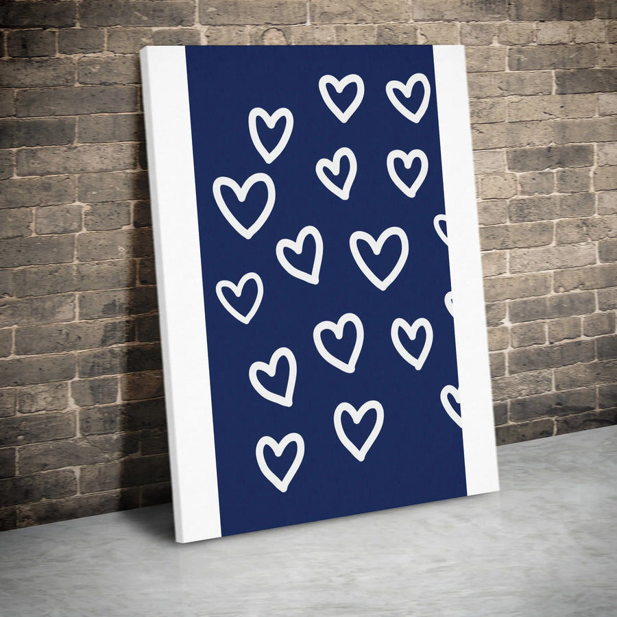 Minimalist Heart Canvas Print | Hand-Drawn Hearts on Navy Blue | Premium Gallery Wrapped Canvas | Modern Nursery & Bedroom Decor Gift