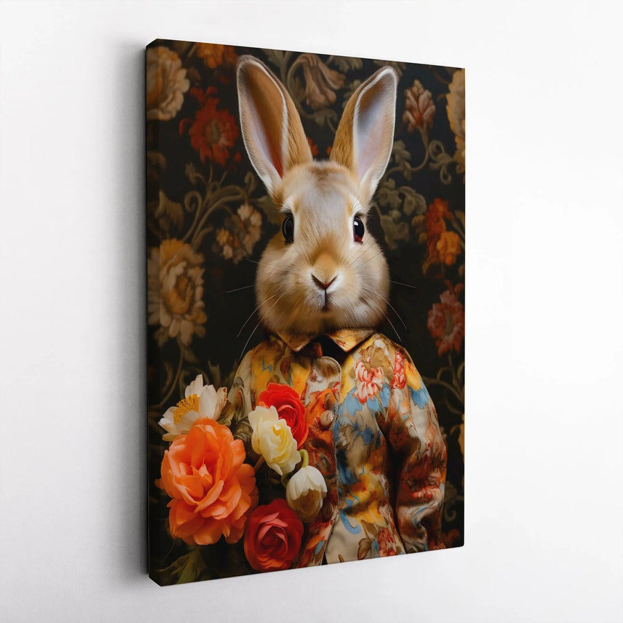 Rabbit Portrait Canvas Wall Art | Anthropomorphic Bunny in Floral Shirt | Premium Gallery Wrapped Print | Whimsical Woodland Home Decor Gift