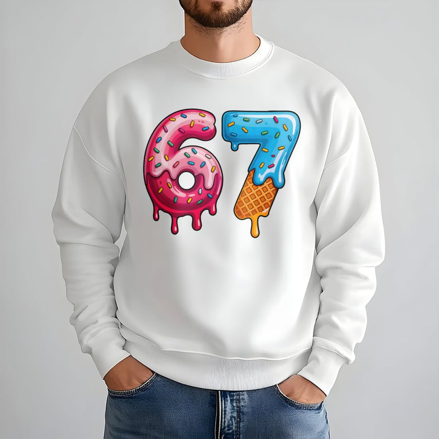 Number 67 Birthday Sweatshirt | Melting Donut and Waffle Cone Graphic | Premium Cotton Blend | Funny Milestone 67th Birthday Gift Idea
