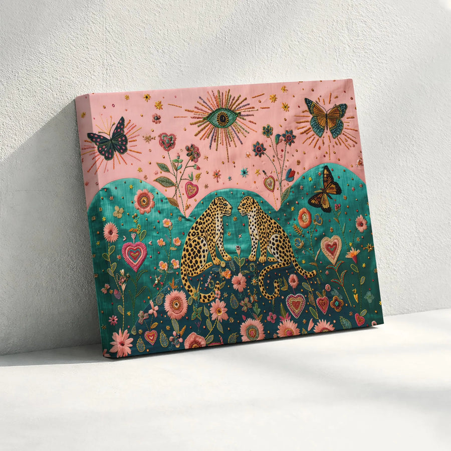 Leopard Wall Art | Bohemian Botanical Tapestry Style Print | Premium Gallery Wrapped Canvas | Whimsical Animal Decor Gift for Her