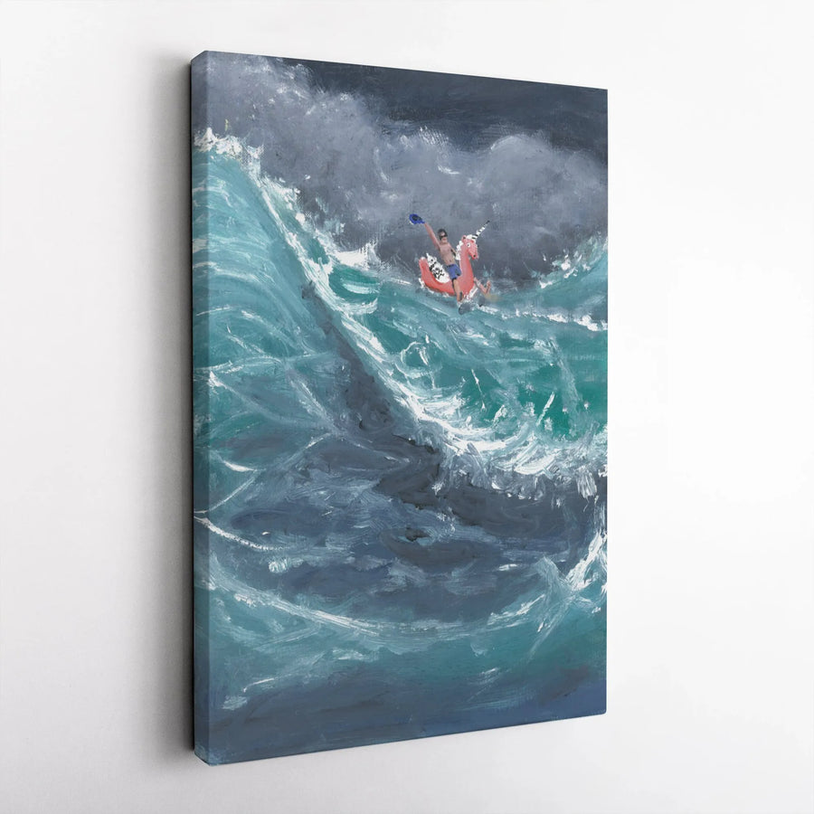 Man Riding Pink Unicorn Float Canvas | Stormy Ocean Oil Painting Style | Gallery-Wrapped Premium Print | Funny Coastal Wall Art Gift