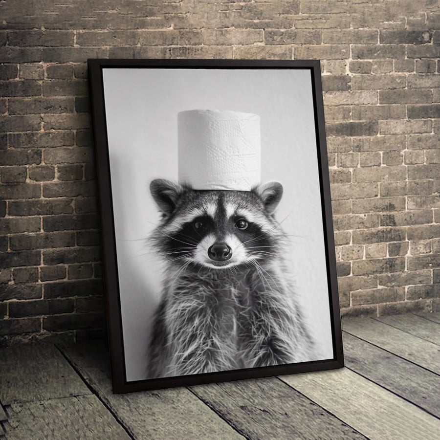 Raccoon Wall Art | Funny Toilet Paper Hat Animal Portrait | Premium Gallery Wrapped Canvas | Bathroom Decor Gift for Animal Lovers