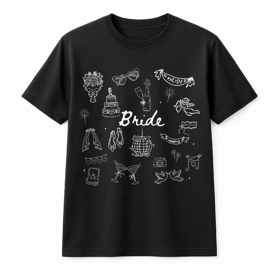 Bride Doodle Graphic T-Shirt | Boho Wedding Party Apparel | Premium Cotton Soft Crewneck | Bachelorette Trip Gift for Future Mrs
