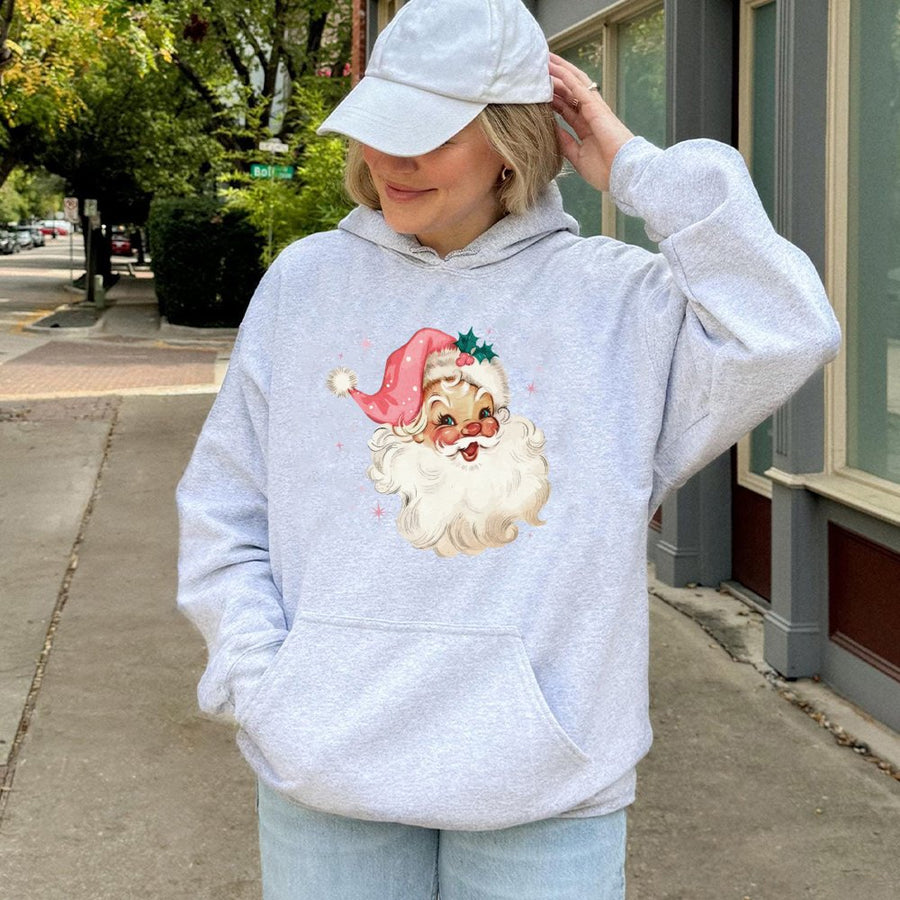 Retro Santa Hoodie | Pink Vintage Christmas Aesthetic | Premium Cotton Blend Pullover | Cute Holiday Gift for Her
