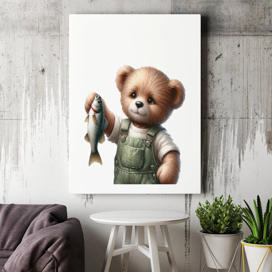 Fishing Teddy Bear Canvas Wall Art | Cute Animal Portrait in Overalls | Premium 1.25" Gallery Wrap | Charming Nursery & Home Decor Gift