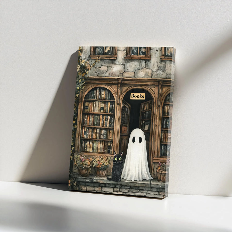 Ghost Reading Books Canvas Wall Art | Whimsical Bookstore Cat Decor | Gallery Wrapped Premium Print | Spooky Academia Gift for Book Lovers