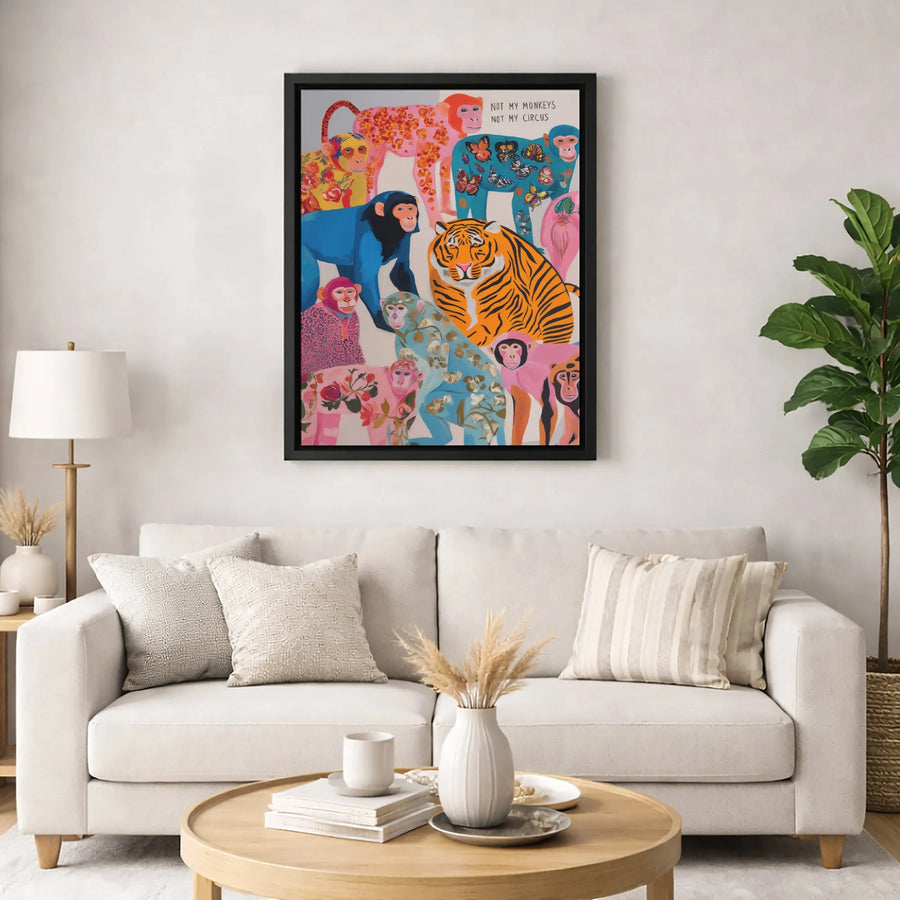 Not My Monkeys Not My Circus Wall Art | Colorful Jungle Animal Canvas Print | Premium Gallery Wrap Decor | Quirky Gift for Home or Office