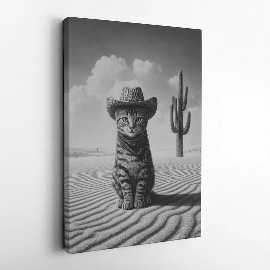 Cowboy Kitten Canvas Wall Art | Funny Black & White Western Cat Portrait | Premium Frameless Gallery Wrap | Unique Gift for Cat Lover Farmhouse Decor