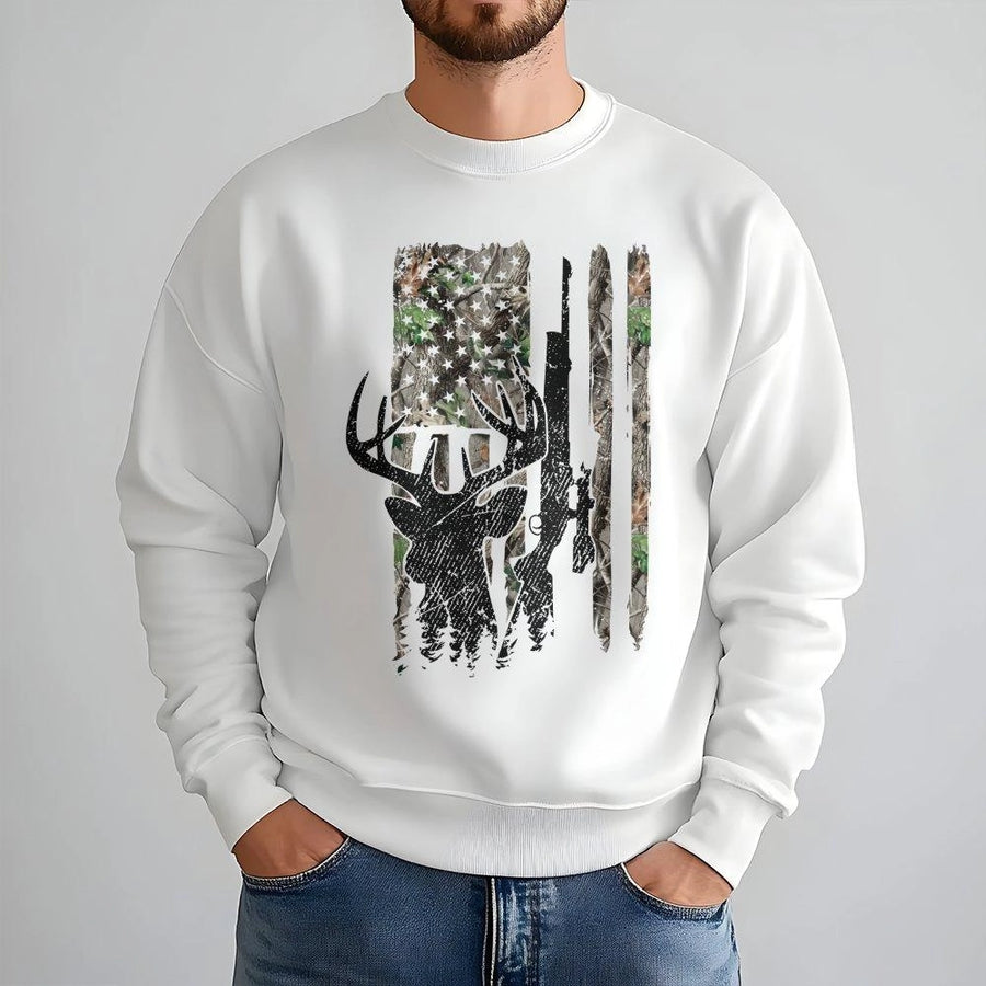 Deer Hunting Sweatshirt | Camo American Flag Buck Graphic | Cotton Blend Premium Pullover | Gift For Hunters And Outdoor Enthusiasts