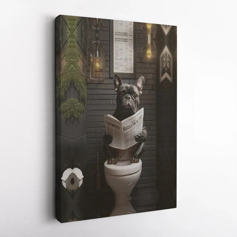 Funny French Bulldog Reading Newspaper On Toilet Canvas | Whimsical Bathroom Wall Art | 1.25" Premium Gallery-Wrapped Canvas | Quirky Home Decor Gift