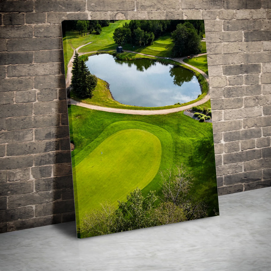 Golf Course Aerial Wall Art | Green Putting Green With Pond Landscape | Premium Gallery Wrapped Canvas | Gift For Golfers & Office Decor