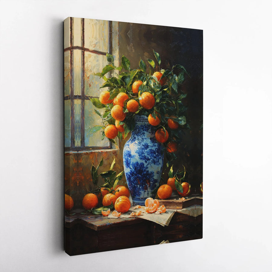 Still Life Oranges Canvas Print | Blue and White Vase Oil Painting Style | Gallery Quality Wall Art | Kitchen Decor or Dining Room Gift