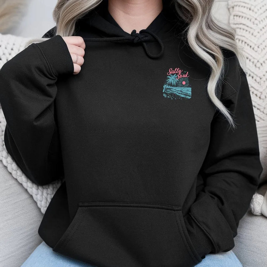 Salty Soul Hoodie | Retro Beach Scene Graphic Sweatshirt | Premium Cotton Blend | Gift for Ocean Lover, Unisex Vacation Apparel