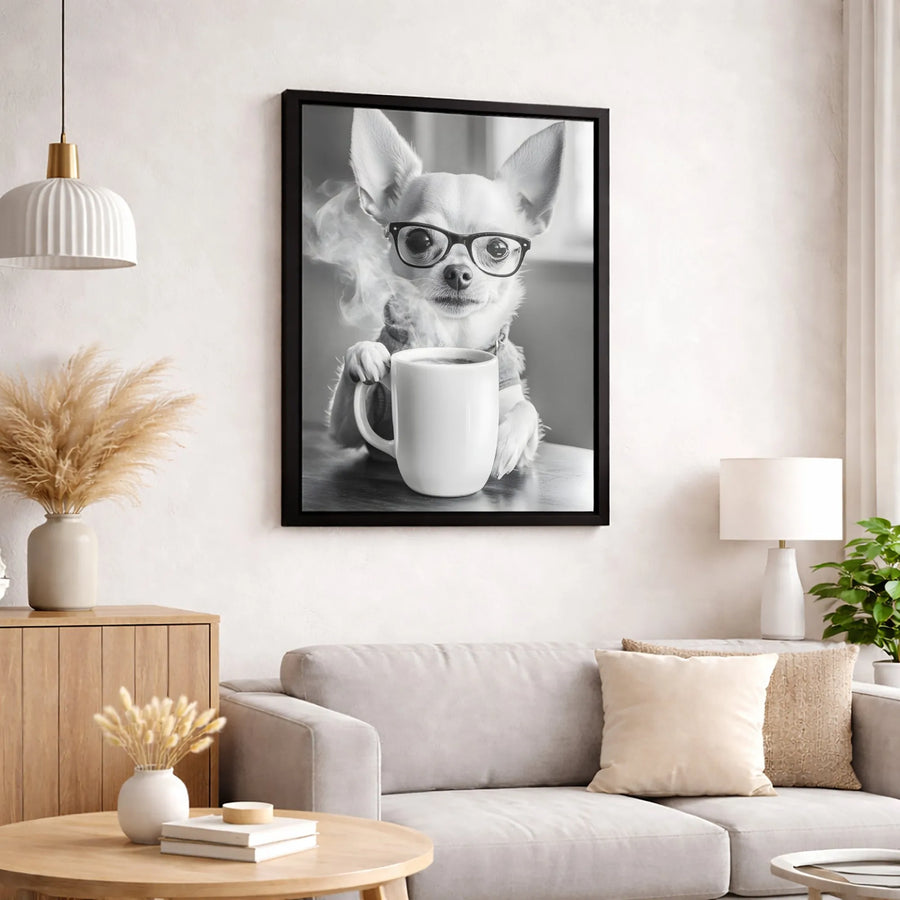 Chihuahua Coffee Mug Wall Art | Cute Dog Wearing Glasses Print | Premium 1.25-inch Canvas | Gift for Coffee Lovers & Dog Mom Decor