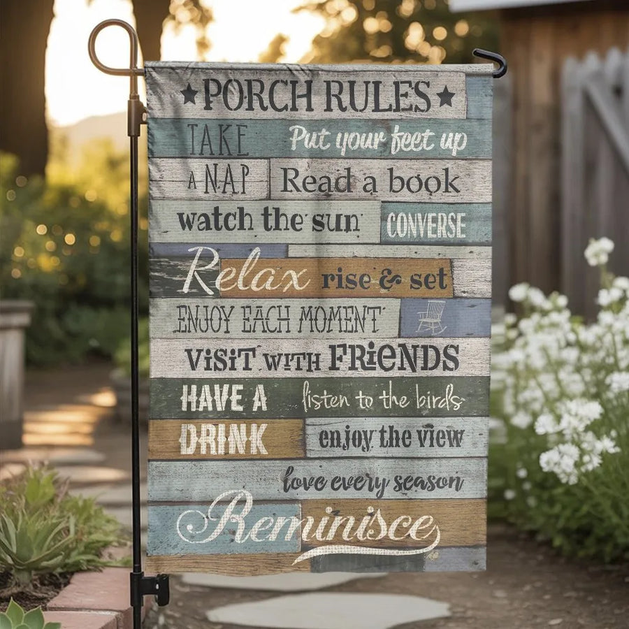 Porch Rules Garden Flag | Rustic Wood Plank Slogan Sign | Double-Sided Weather Resistant Polyester | Outdoor Yard Decor & Housewarming Gift