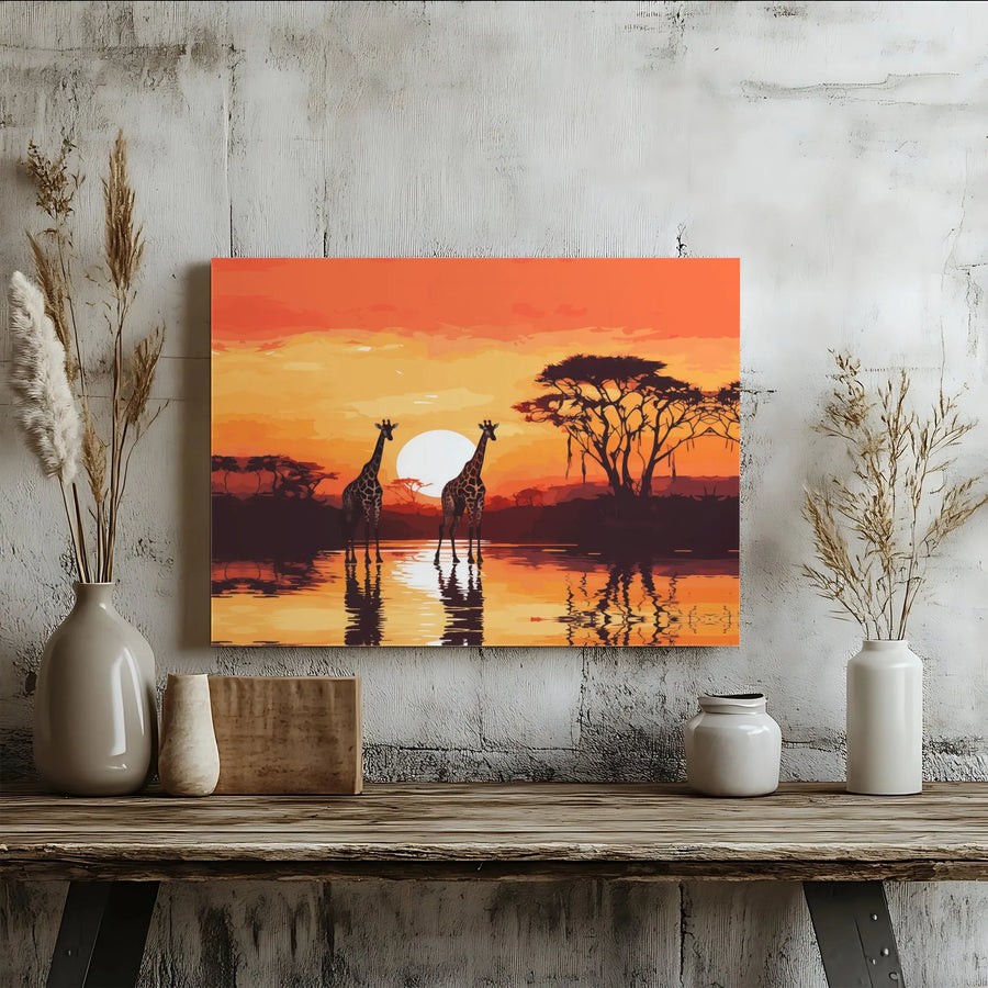 African Sunset Giraffe Canvas Wall Art | Savanna Wildlife Scene | Premium Canvas Print | Living Room Decor & Nature Lover Gift