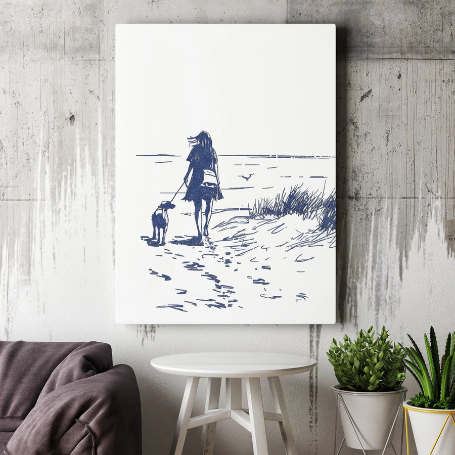 Woman Walking Dog on Beach Canvas Art | Minimalist Blue Sketch Print | 1.25-Inch Premium Gallery Profile | Coastal Home Decor Wall Art