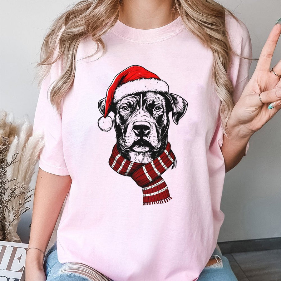 Christmas Dog T-Shirt | Festive Santa Hat and Scarf Graphic | 100% Cotton Premium Tee | Holiday Gift for Dog Lovers Men and Women