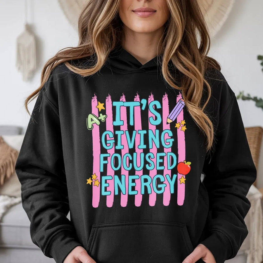 Funny Teacher Hoodie | It's Giving Focused Energy Retro Graphic | Premium Cotton Blend | Back to School Gift for Educators