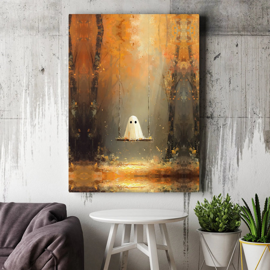Ghost on Swing Canvas Wall Art | Whimsical Autumn Forest Painting | Premium Frameless Canvas | Spooky Season Home Decor Gift