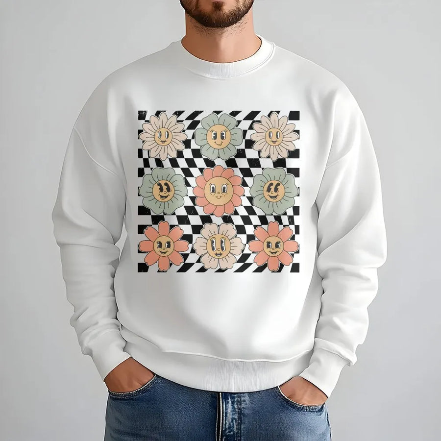 Retro Checkered Flower Sweatshirt | Groovy Smiley Floral Graphic | Soft Cotton Unisex Tee | Trendy Boho Gift for Women