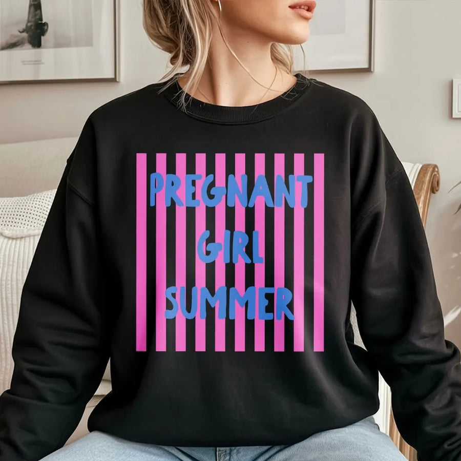 Pregnant Girl Summer Sweatshirt | Funny Pregnancy Announcement Graphic | Soft Cotton Blend Crewneck | Gift For Expecting Mom