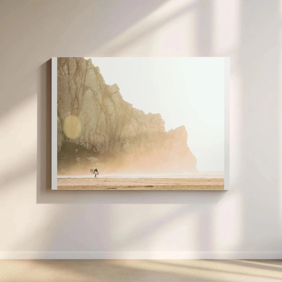 Surfer Beach Canvas Wall Art | Lone Surfer at Golden Hour Mist | Premium Gallery Quality Print | Boho Coastal Home Decor Gift