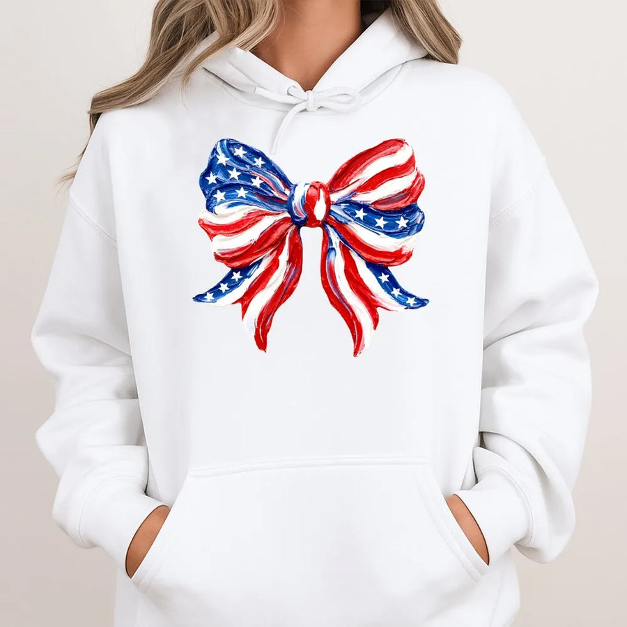 Patriotic Bow Hoodie | Coquette USA Flag Graphic | Soft Cotton Blend Crewneck | 4th of July Gift for Her