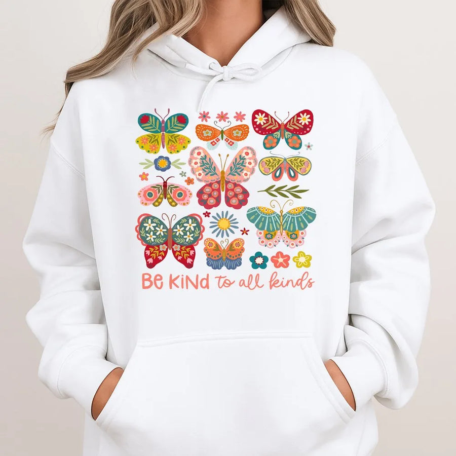 Be Kind To All Kinds Butterfly Shirt | Boho Folk Art Graphic Tee | Soft 100% Cotton | Inspirational Kindness Gift for Women